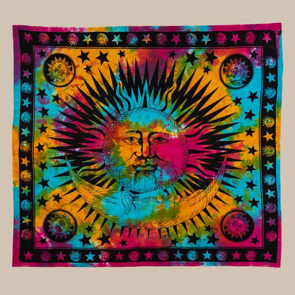 Kunst Und Magie Tagesdecke Wandbehang Deko Tuch Bunt Sonne Mond und Sterne ca.200 x 230cm