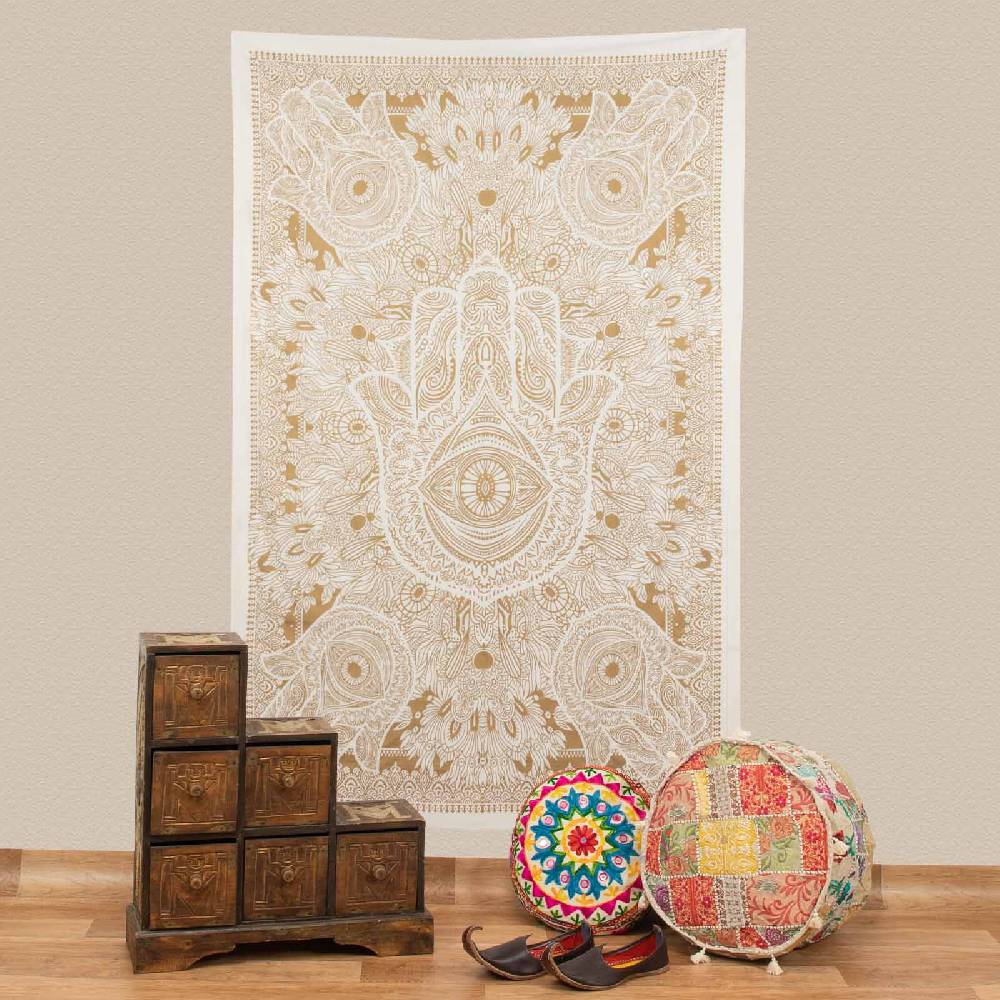 Kunst Und Magie Tagesdecke Wandbehang Deko Tuch Goldene Hamsa Hand UV-Aktiv Ca. 200 X135cm