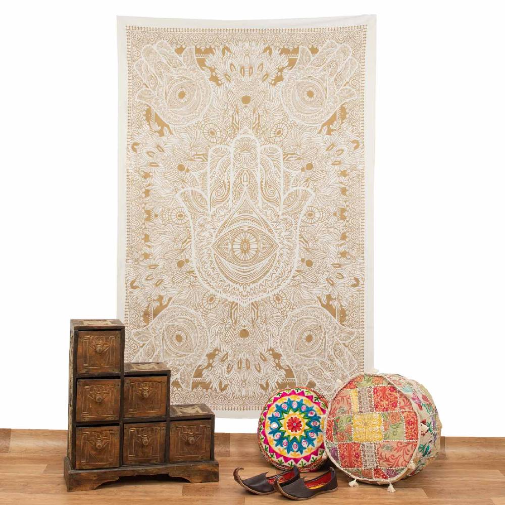 Kunst Und Magie Tagesdecke Wandbehang Deko Tuch Goldene Hamsa Hand UV-Aktiv Ca. 200 X135cm