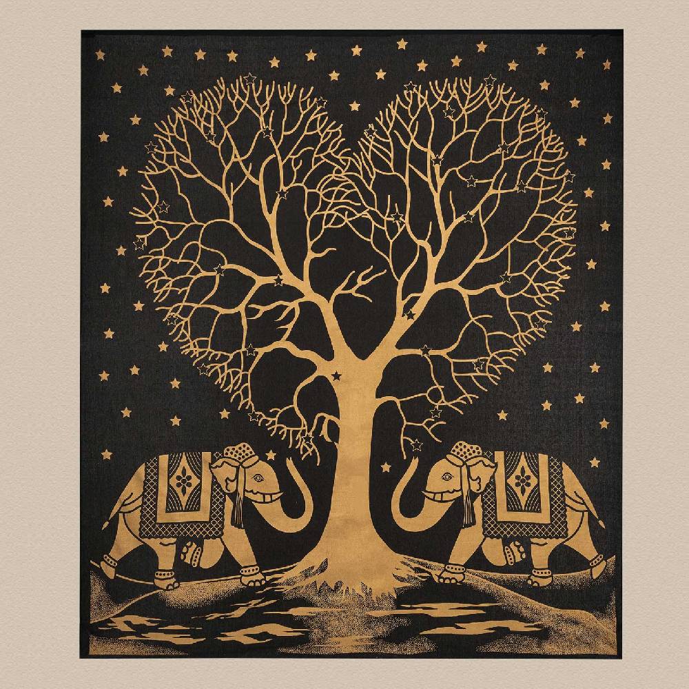 Kunst Und Magie Tagesdecke Wandbehang Deko Tuch Goldener Liebes Baum Love Tree Elefant Ca. 200 X 230cm XL