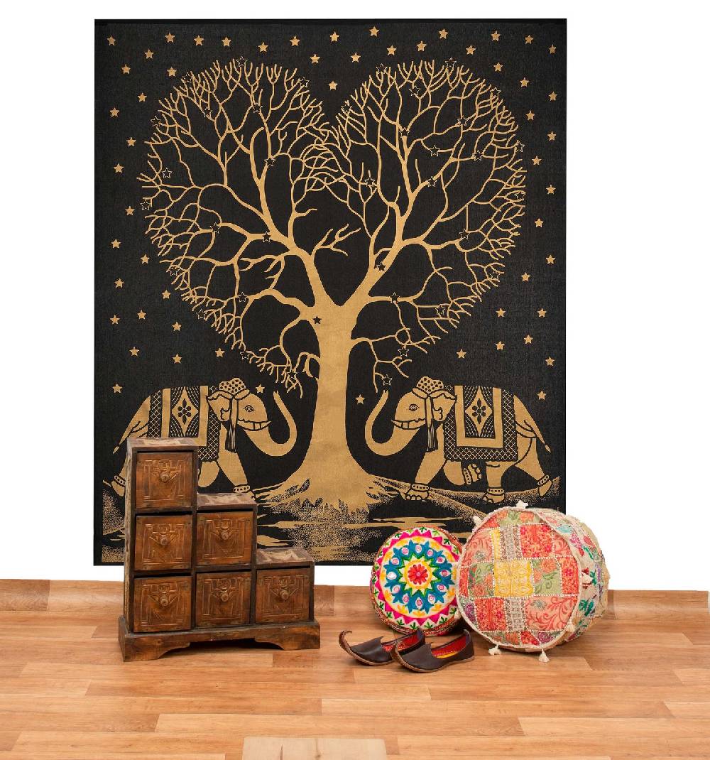 Kunst Und Magie Tagesdecke Wandbehang Deko Tuch Goldener Liebes Baum Love Tree Elefant ca. 200 x 230cm XL