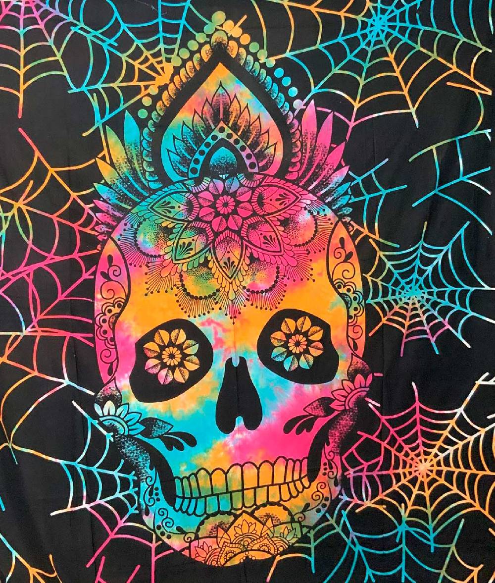 Kunst Und Magie Tagesdecke Wandbehang La Catrina Deko Tuch Sugar Skull Tattoo Multicolour XL ca. 200 x 230cm