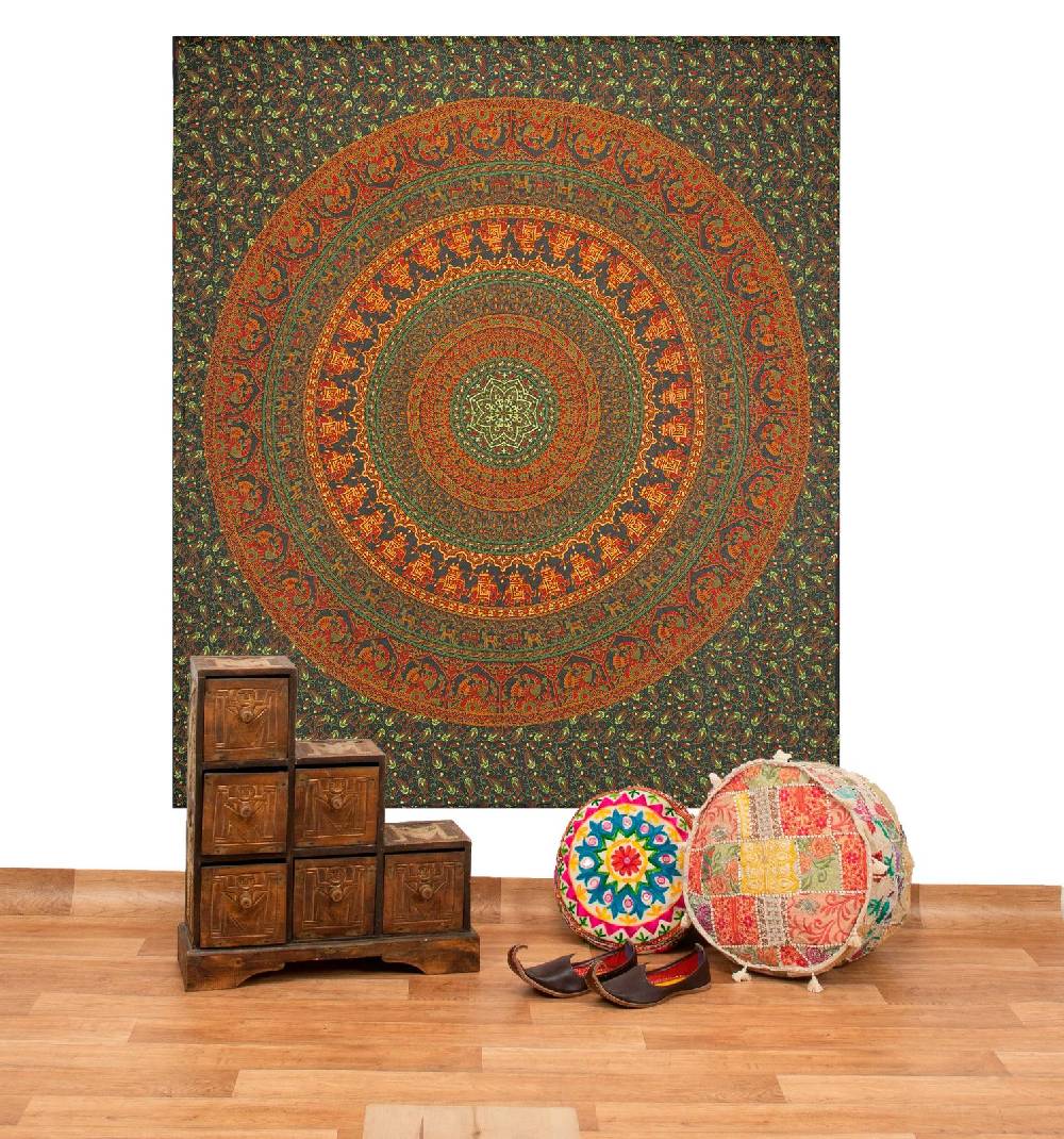 Kunst Und Magie Tagesdecke Wandbehang Mandala Deko Tuch Indisch Elefant XL ca. 200 x 230cm