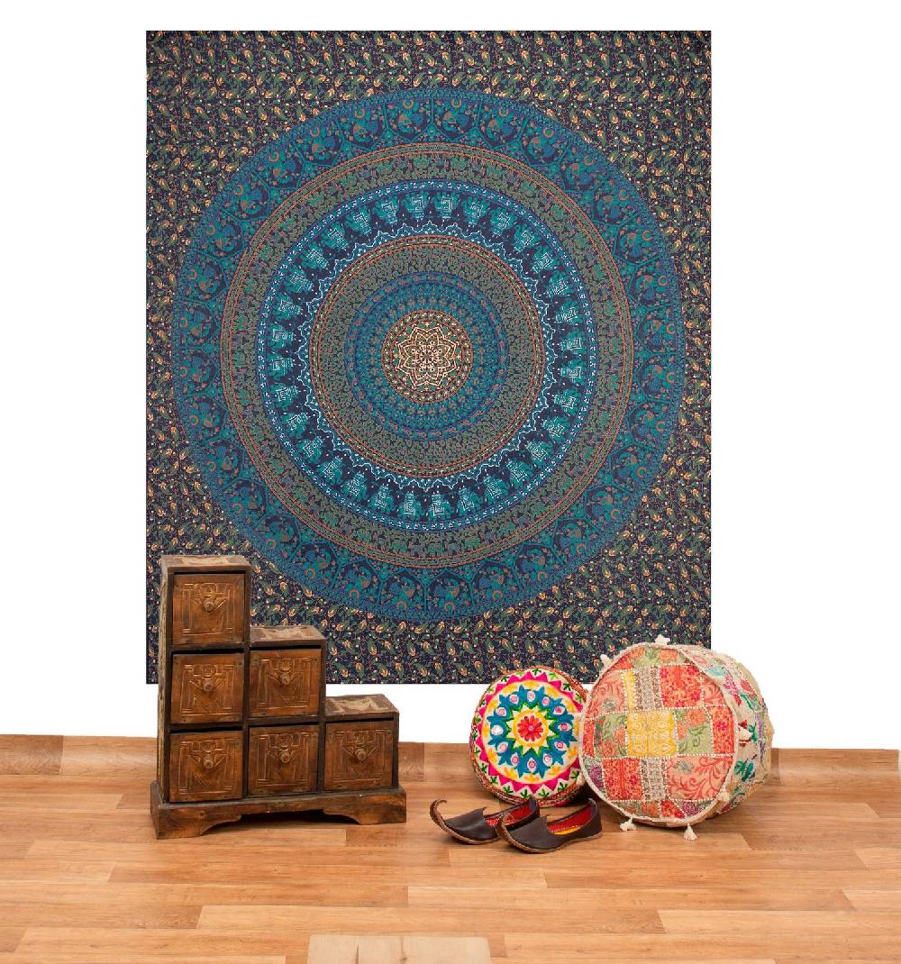 Kunst Und Magie Tagesdecke Wandbehang Mandala Deko Tuch Indisch Elefant XL ca. 200 x 230cm