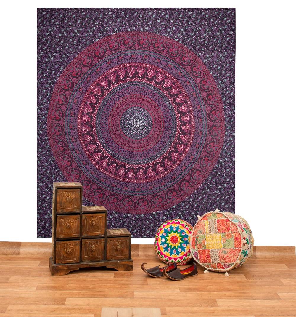 Kunst Und Magie Tagesdecke Wandbehang Mandala Deko Tuch Indisch Elefant XL ca. 200 x 230cm