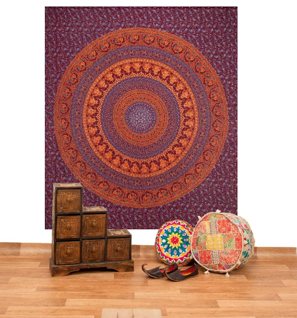 Kunst Und Magie Tagesdecke Wandbehang Mandala Deko Tuch Indisch Elefant XL ca. 200 x 230cm