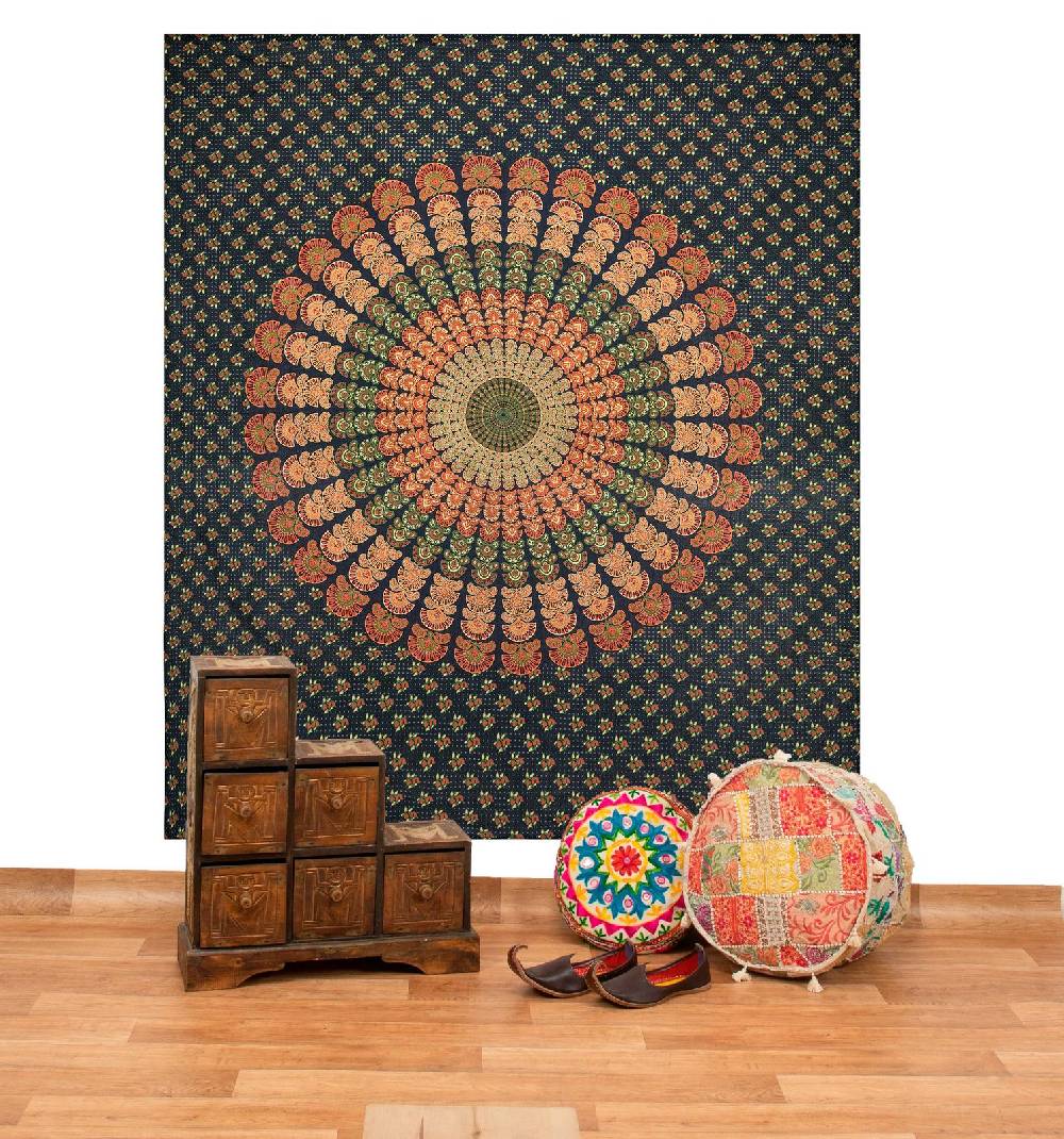 Kunst Und Magie Tagesdecke Wandbehang Mandala Deko Tuch Peacock Pfau XL ca. 200 x 230cm
