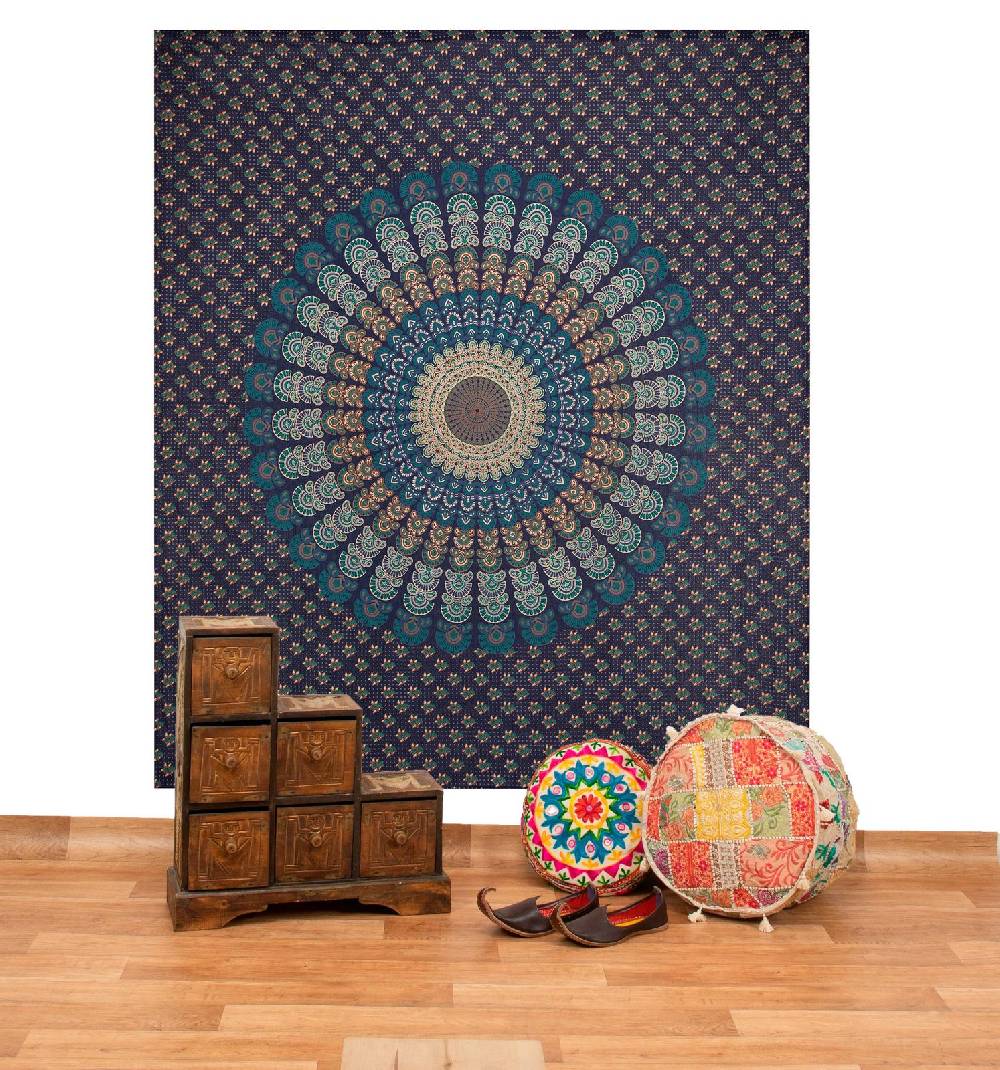 Kunst Und Magie Tagesdecke Wandbehang Mandala Deko Tuch Peacock Pfau XL ca. 200 x 230cm