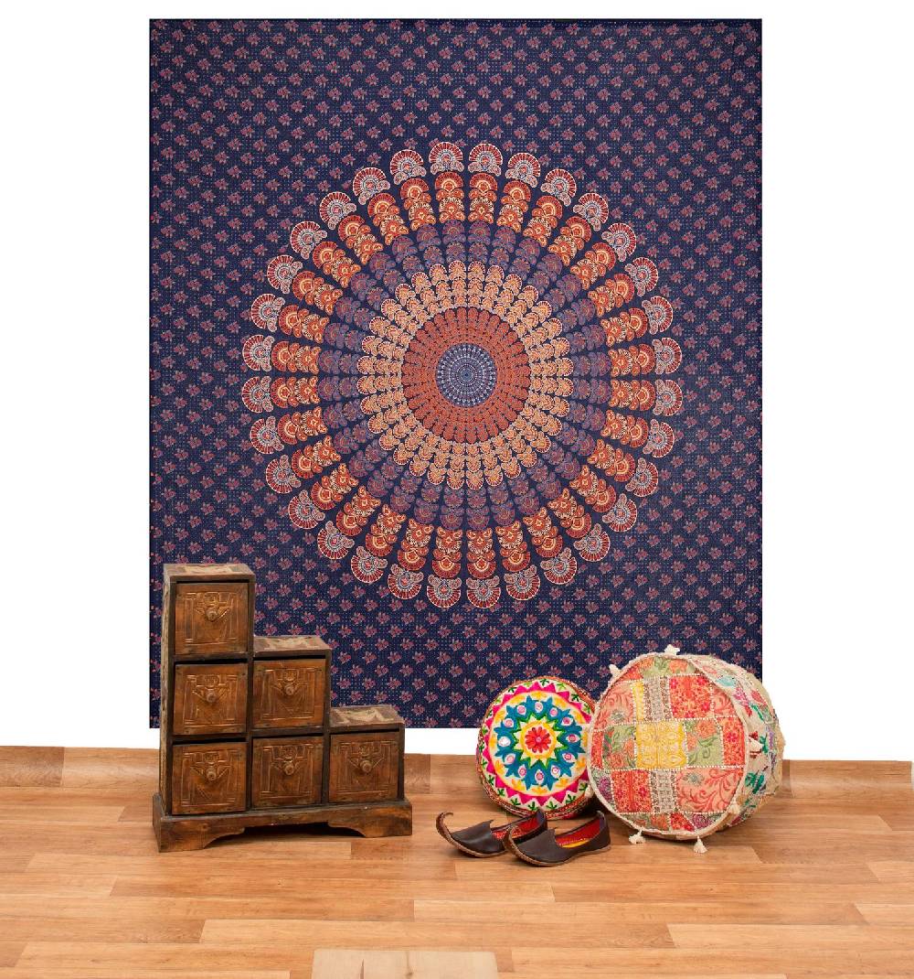 Kunst Und Magie Tagesdecke Wandbehang Mandala Deko Tuch Peacock Pfau XL ca. 200 x 230cm