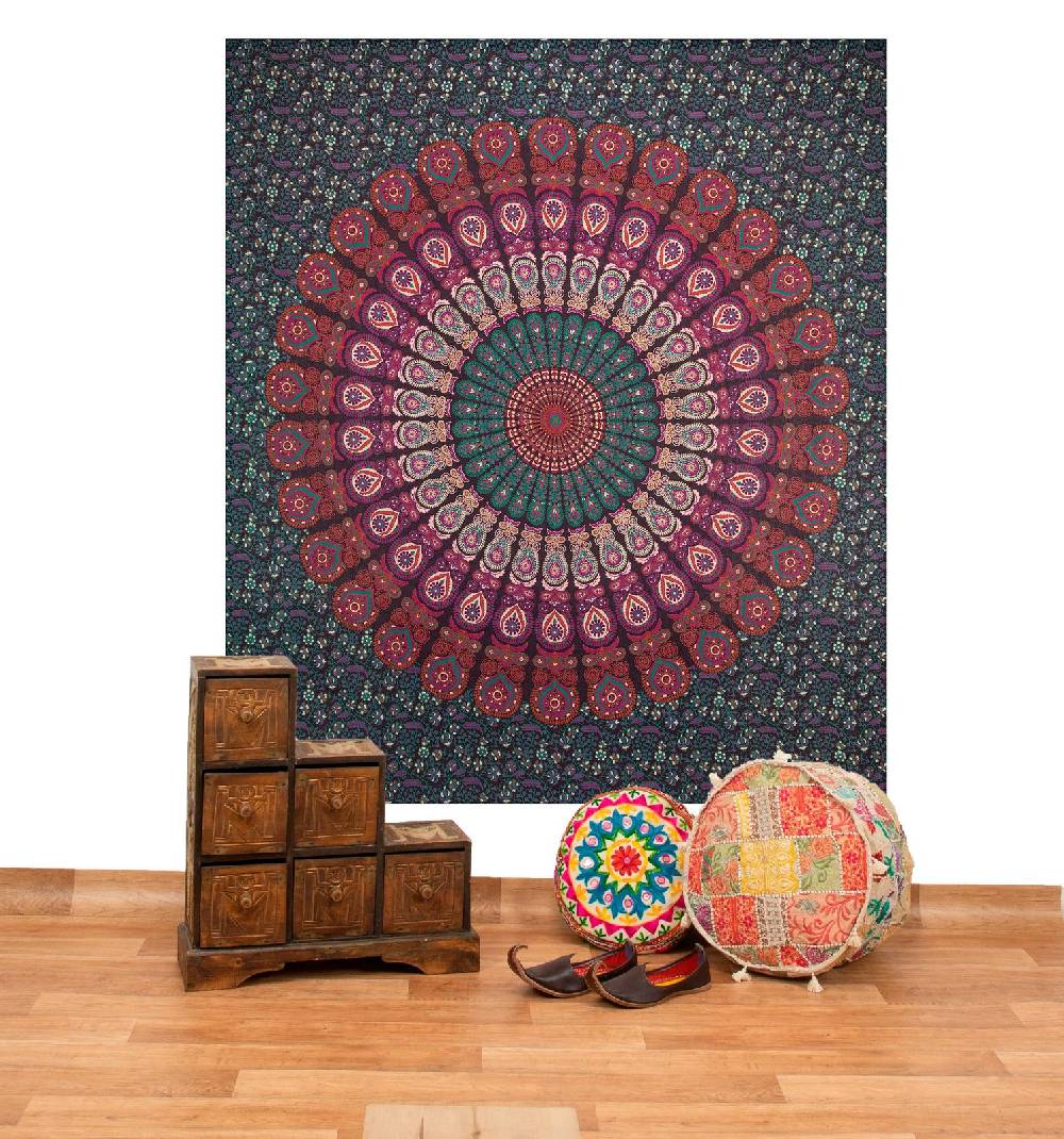 Kunst Und Magie Tagesdecke Wandbehang Mandala Deko Tuch Peacock Pfau XL ca. 200 x 230cm