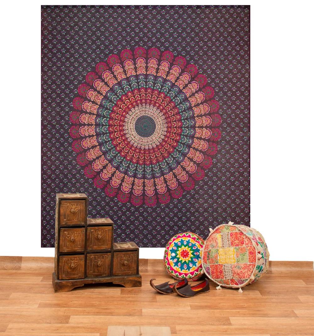 Kunst Und Magie Tagesdecke Wandbehang Mandala Deko Tuch Peacock Pfau XL ca. 200 x 230cm
