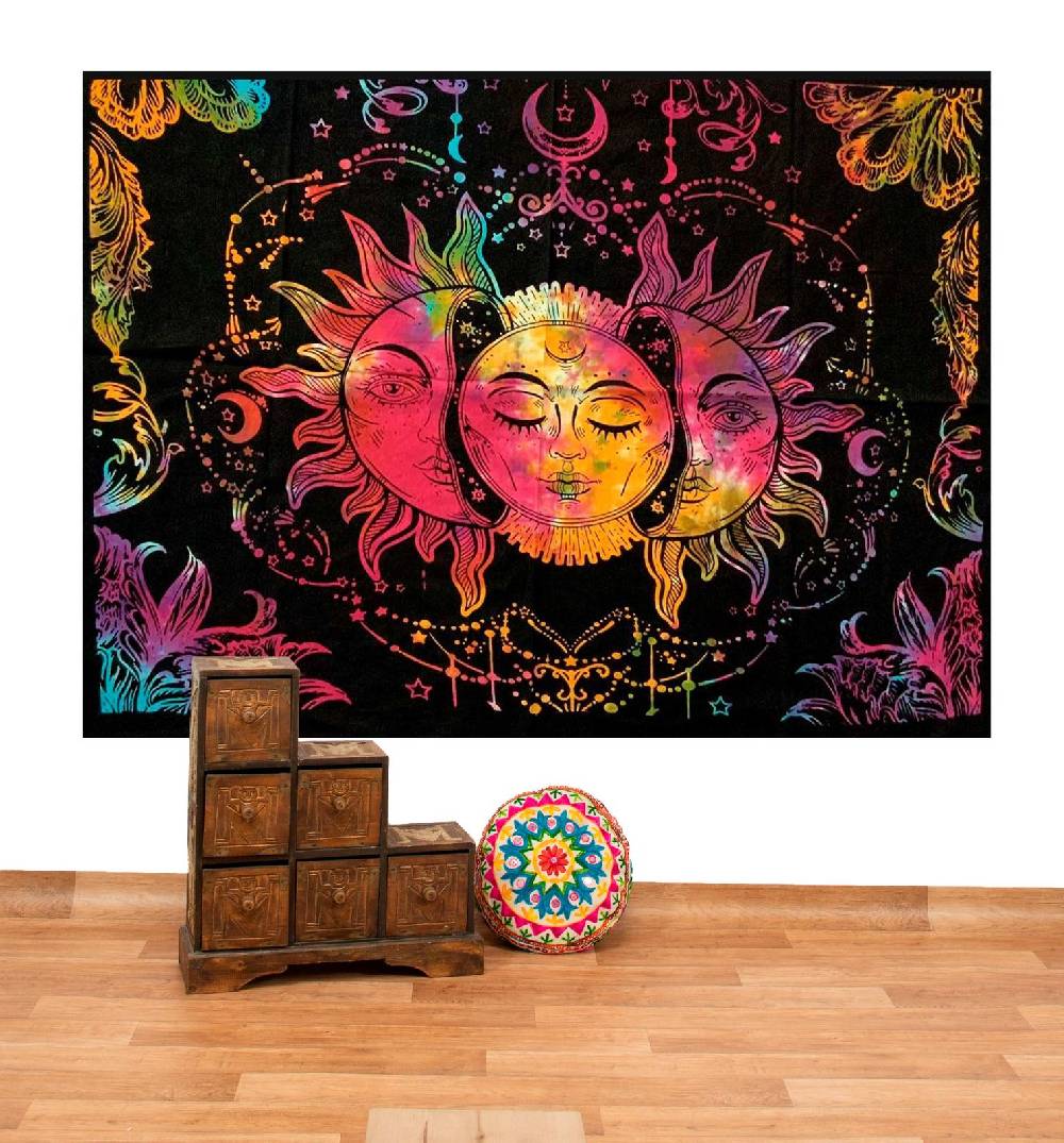 Kunst Und Magie Tagesdecke Wandbehang Sonne Mond und Sterne Deko Tuch Bunt XL ca. 200 x 230cm
