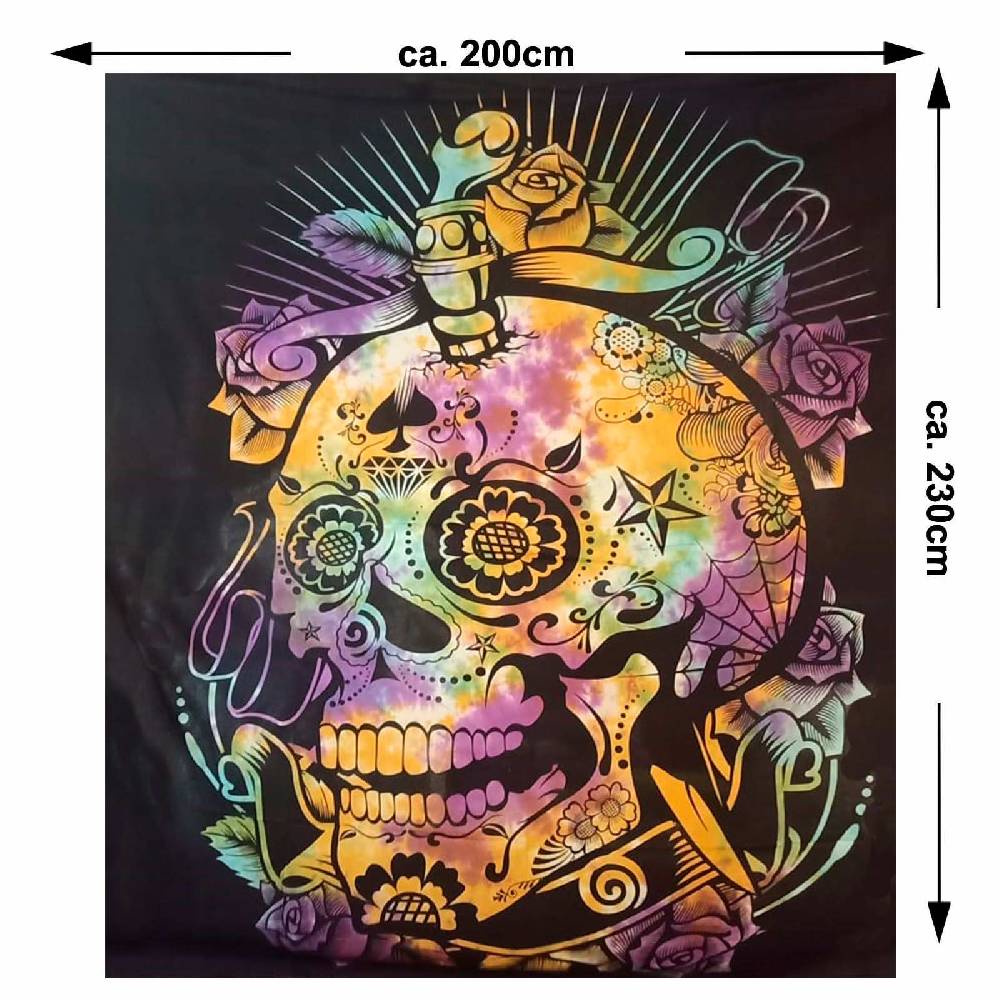 Kunst Und Magie Tagesdecke Wandbehang Totenkopf Deko Tuch Sugar Skull Rose Tattoo Multicolour XL Ca. 200 X 230cm