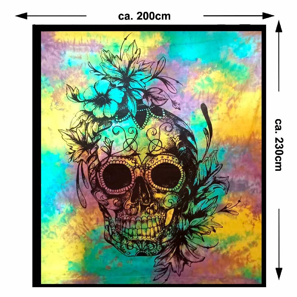 Kunst Und Magie Tagesdecke Wandbehang Totenkopf Deko Tuch Sugar Skull Tattoo Multicolour XL Ca. 200 X 230cm