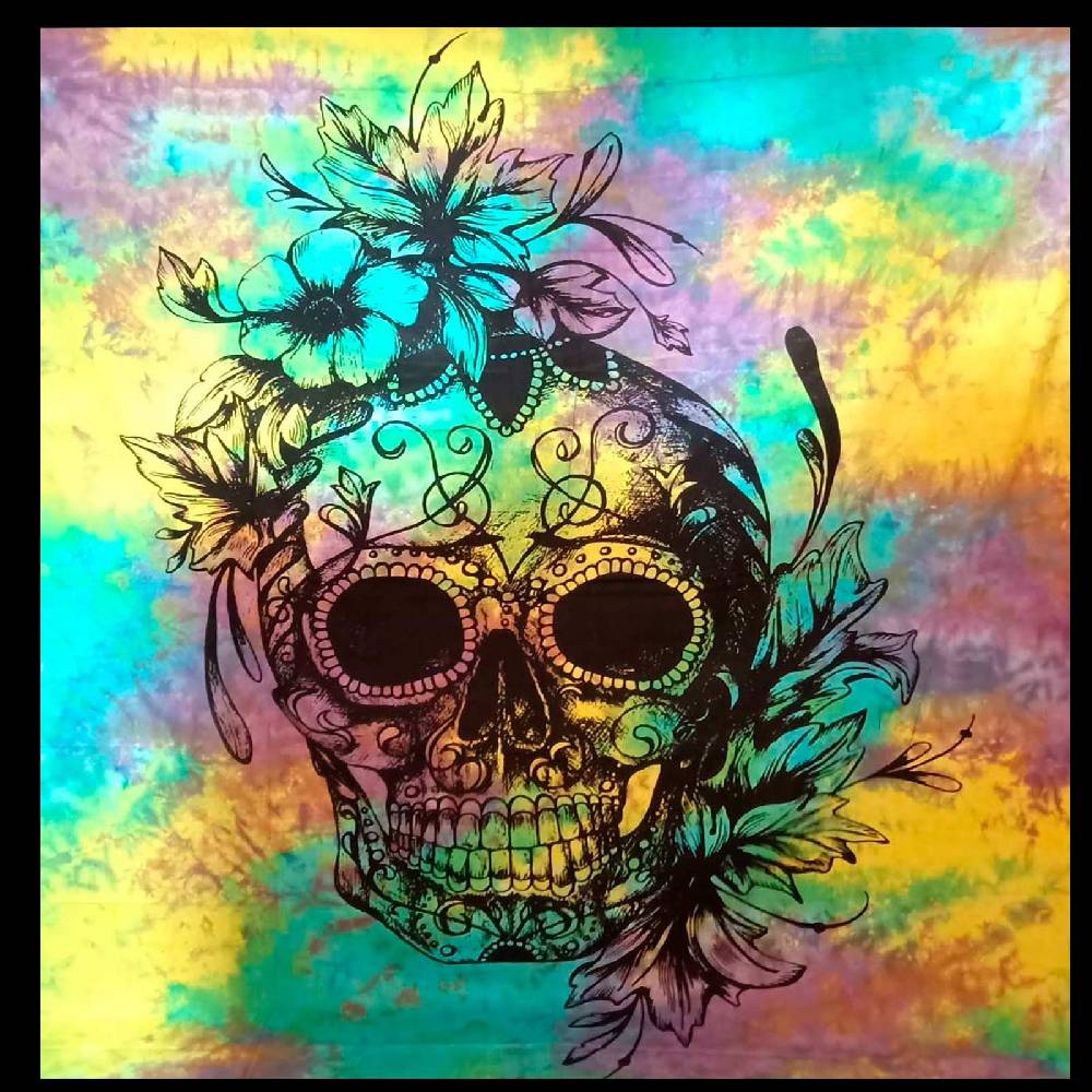 Kunst Und Magie Tagesdecke Wandbehang Totenkopf Deko Tuch Sugar Skull Tattoo Multicolour XL ca. 200 x 230cm