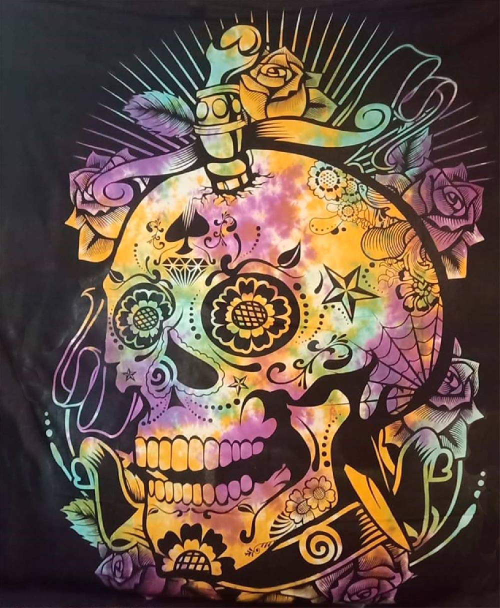 Kunst Und Magie Tagesdecke Wandbehang Totenkopf Deko Tuch Sugar Skull Rose Tattoo Multicolour XL ca. 200 x 230cm