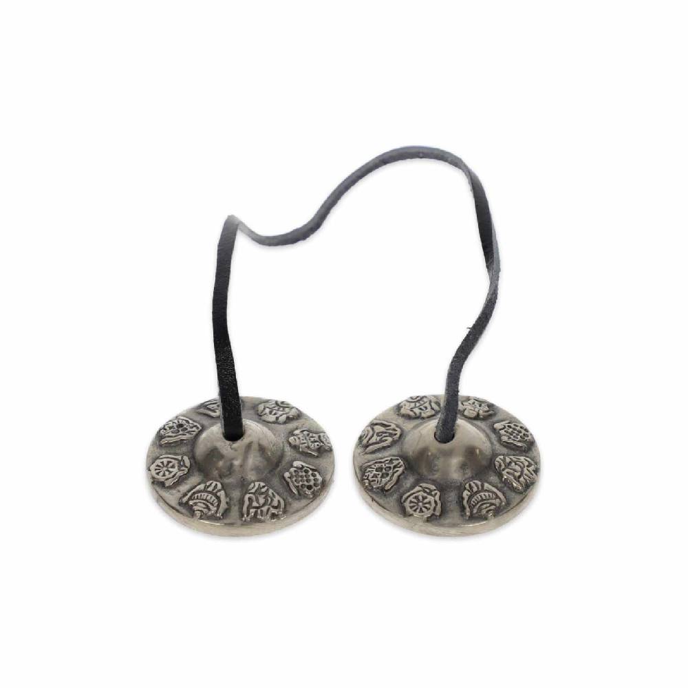 Kunst Und Magie Tibetische Zimbeln Tingcha Mit Hellem Klang 4,5 Cm 8 Glücksymbole Mit Geschenkbox