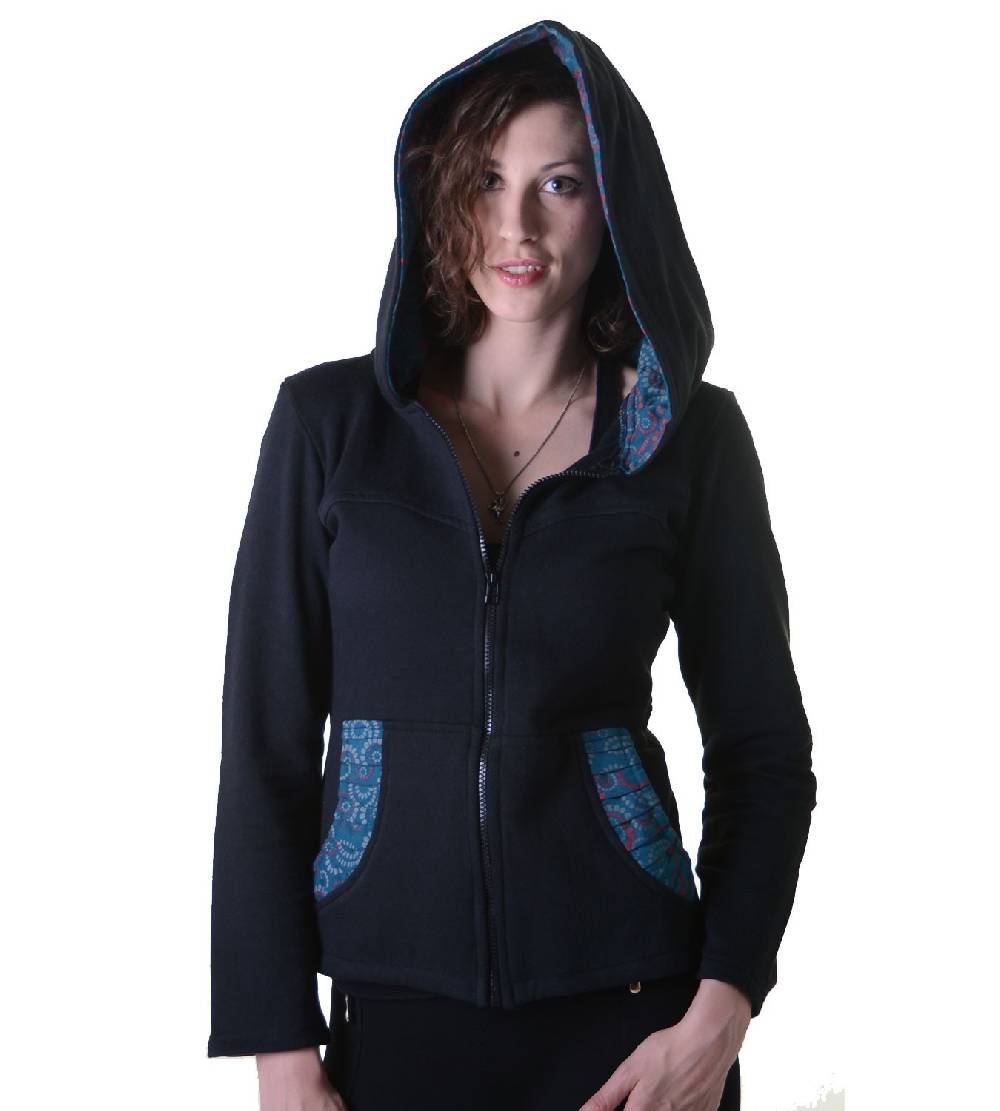 Kunst Und Magie Trendige Baumwolljacke Für Damen Mit Goa-Mustern - Hippie Jacke Fleecefutter Mit Kapuze