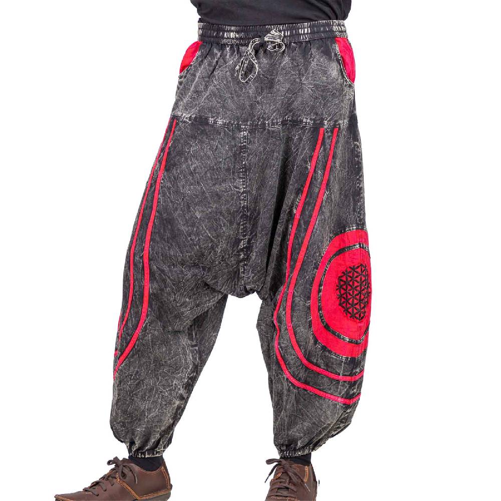 Kunst Und Magie Unisex Psy Baggy Pants Hippie Hose Goa Baumwoll Haremshose Stonewashed Blume des Lebens