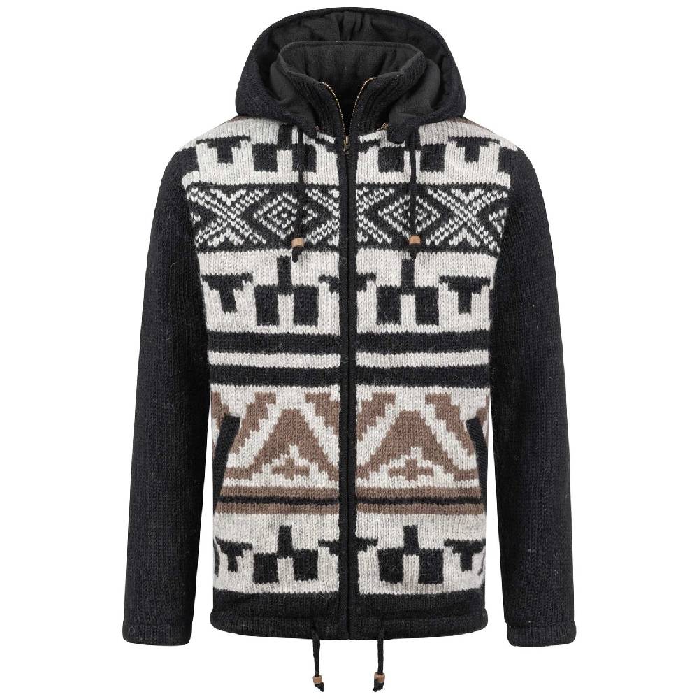 Kunst Und Magie Unisex Strickjacke Goa Wolle Bunte Patchwork Jacke Fleecefutter Hochkragen abnehmbarer Kapuze
