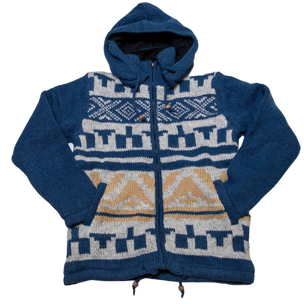 Kunst Und Magie Unisex Strickjacke Goa Wolle Jacke Fleecefutter Hochkragen Winterjacke Kapuze Aztekenmuster