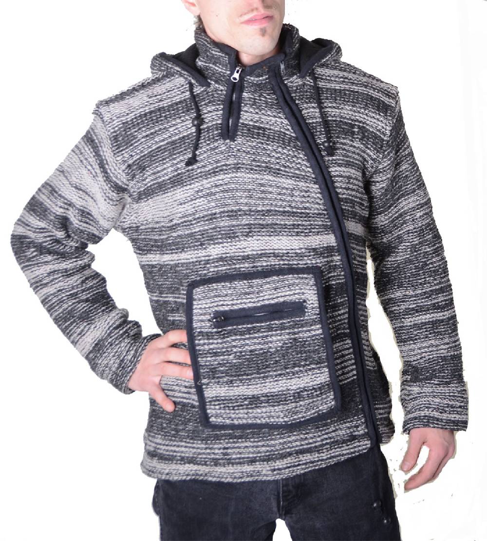 Kunst Und Magie Unisex Wolljacke Hippie Goa Strick mit Fleecefutter und Zipfelkapuze Grautöne