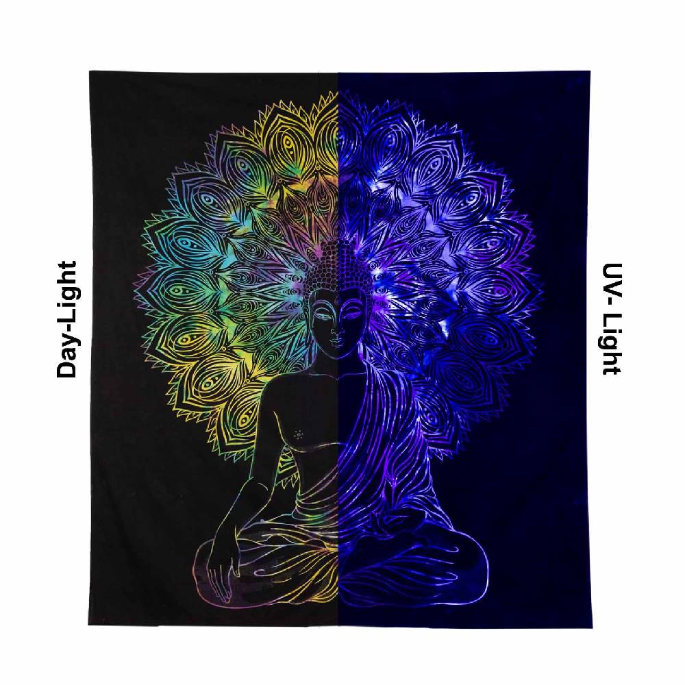 Kunst Und Magie UV Tuch Buddha Tagesdecke Wandbehang Deko Meditation UV Schwarzlicht Ca. 200 X 135 Cm