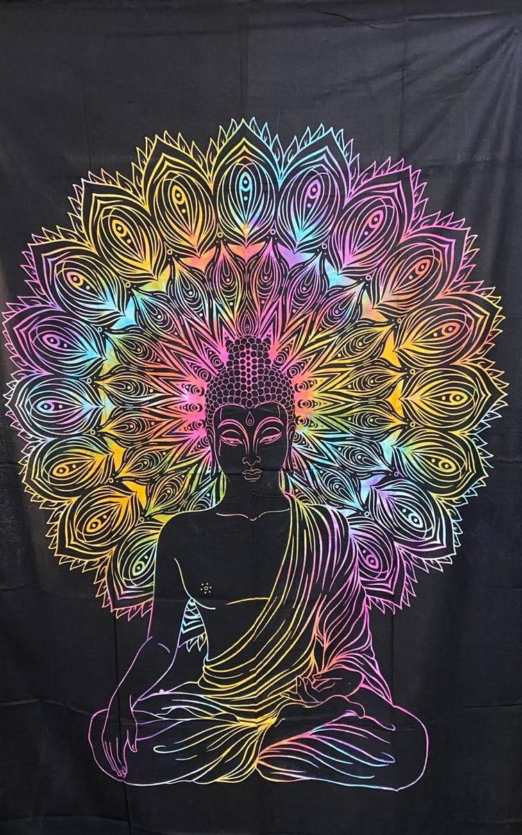 Kunst Und Magie UV Tuch Buddha Tagesdecke Wandbehang Deko Meditation UV Schwarzlicht Ca. 200 X 135 Cm