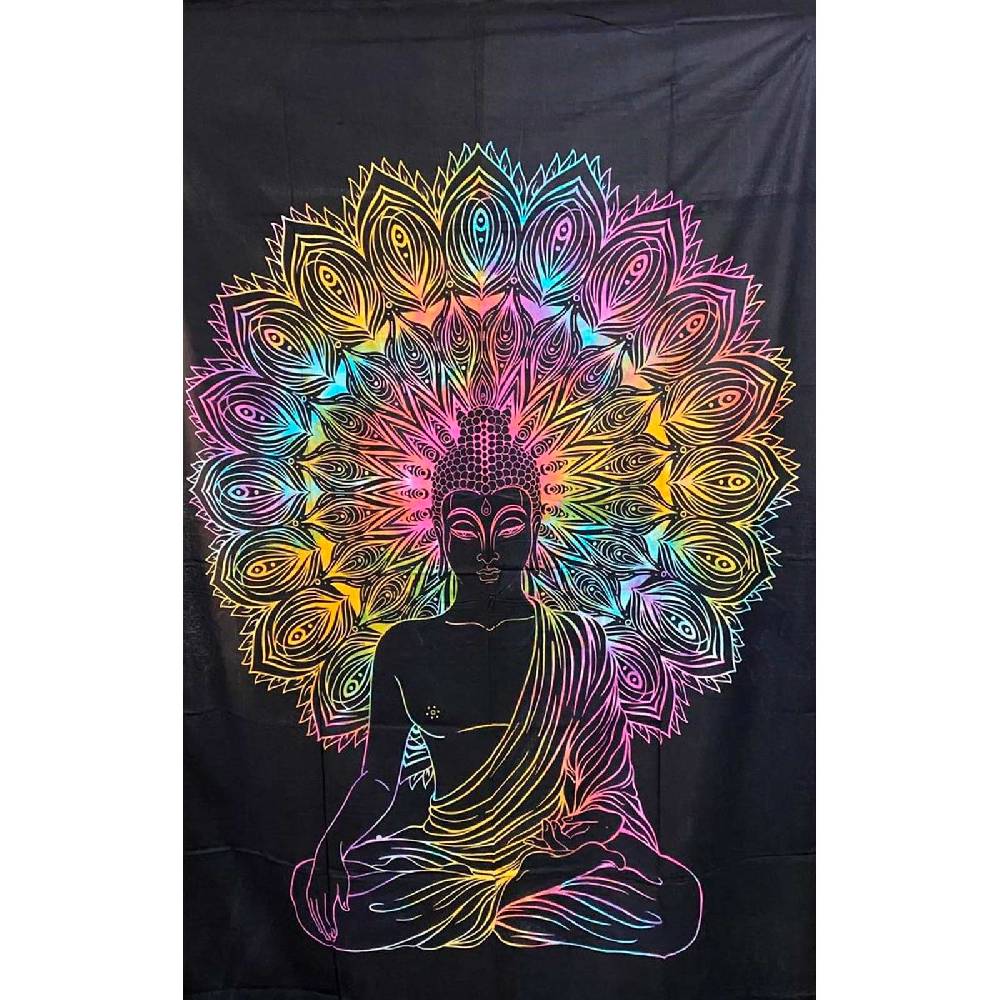 Kunst Und Magie UV Tuch Buddha Tagesdecke Wandbehang Deko Meditation UV Schwarzlicht Ca. 200 X 135 Cm