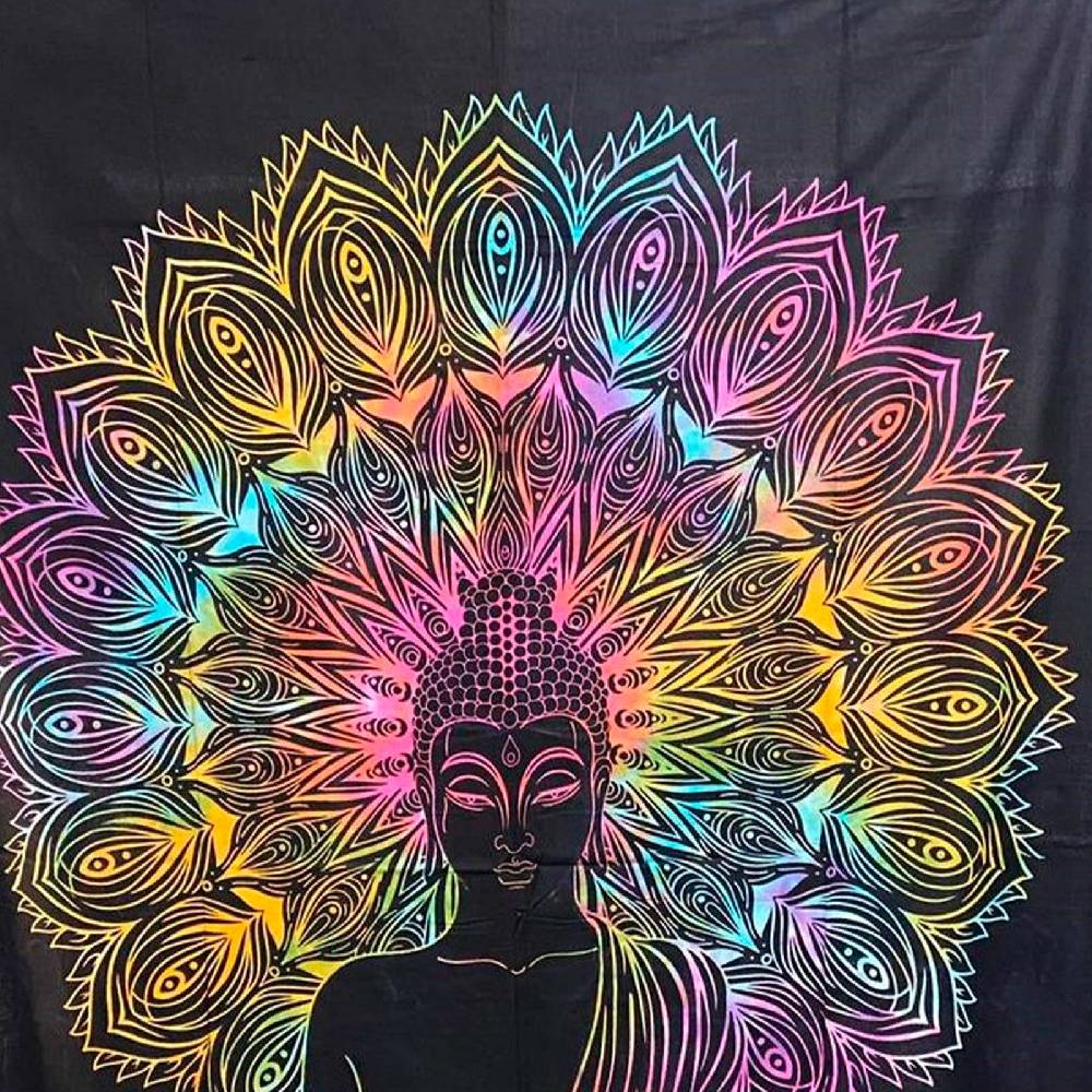 Kunst Und Magie UV Tuch Buddha Tagesdecke Wandbehang Deko Meditation UV Schwarzlicht Ca. 200 X 135 Cm