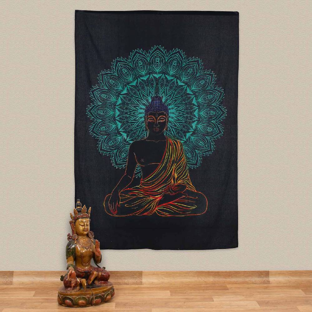 Kunst Und Magie UV Tuch Buddha Tagesdecke Wandbehang Deko Meditation UV Schwarzlicht ca. 200 x 230 cm