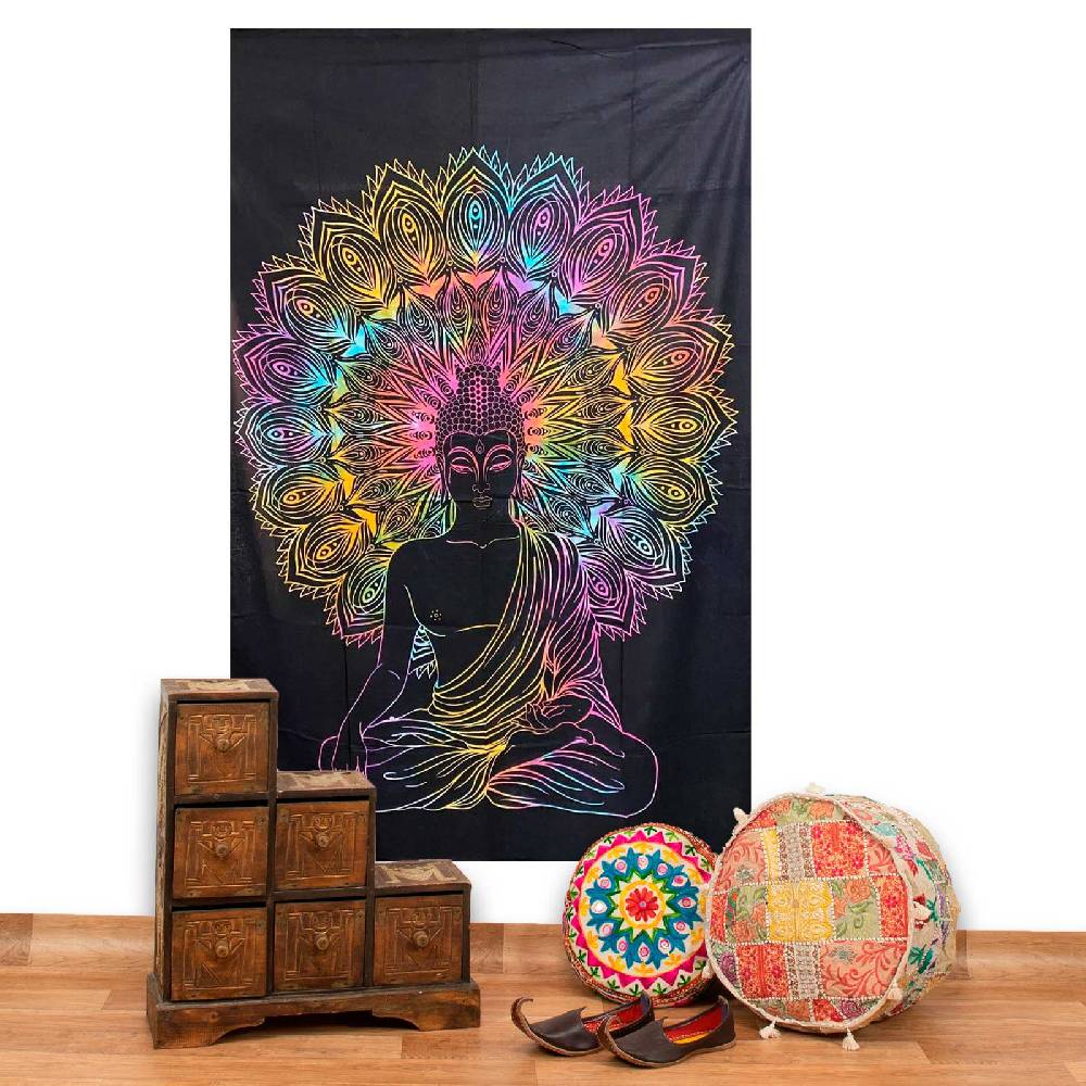 Kunst Und Magie UV Tuch Buddha Tagesdecke Wandbehang Deko Meditation UV Schwarzlicht ca. 200 x 135 cm