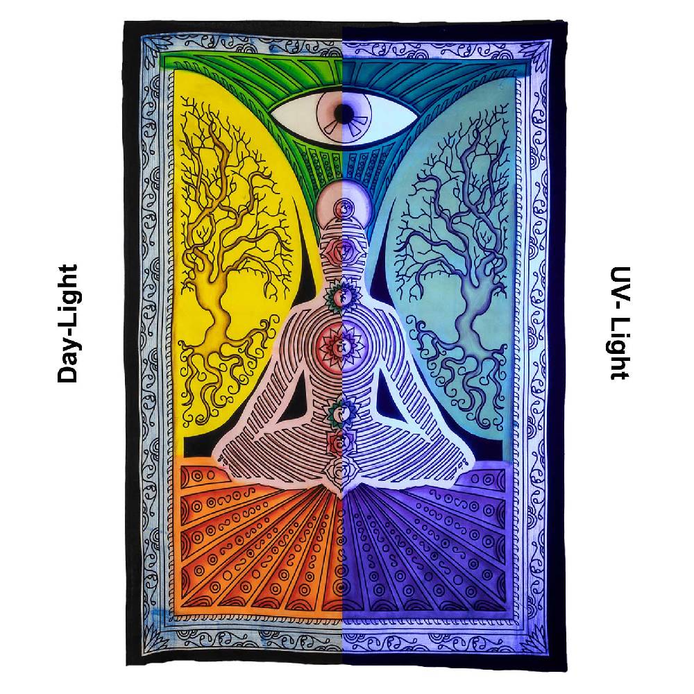 Kunst Und Magie UV Tuch Chakra Meditation Tagesdecke Wandbehang Deko Yoga Schwarzlicht Ca. 200 X 135 Cm