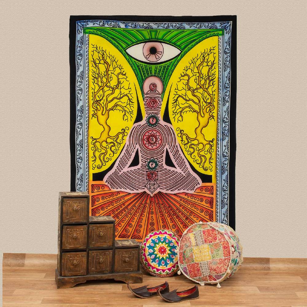 Kunst Und Magie UV Tuch Chakra Meditation Tagesdecke Wandbehang Deko Yoga Schwarzlicht ca. 200 x 135 cm