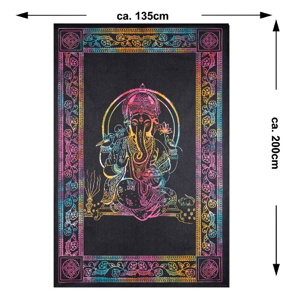 Kunst Und Magie UV Tuch Ganesha Tagesdecke Wandbehang Deko Meditation UV Schwarzlicht Ca. 200 X 135 Cm