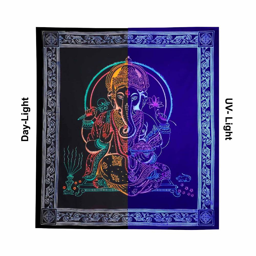 Kunst Und Magie UV Tuch Ganesha Tagesdecke Wandbehang Deko Meditation UV Schwarzlicht Ca. 200 X 135 Cm