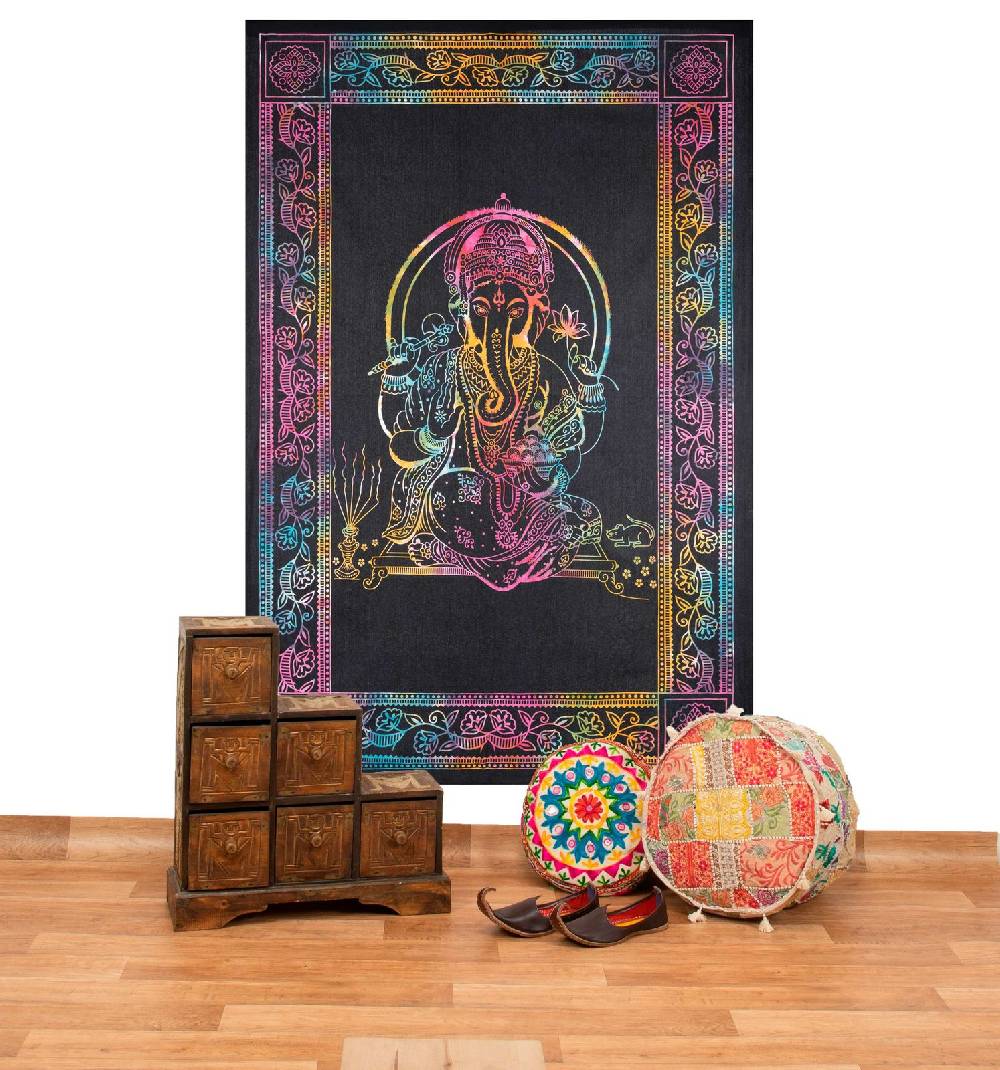 Kunst Und Magie UV Tuch Ganesha Tagesdecke Wandbehang Deko Meditation UV Schwarzlicht ca. 200 x 135 cm
