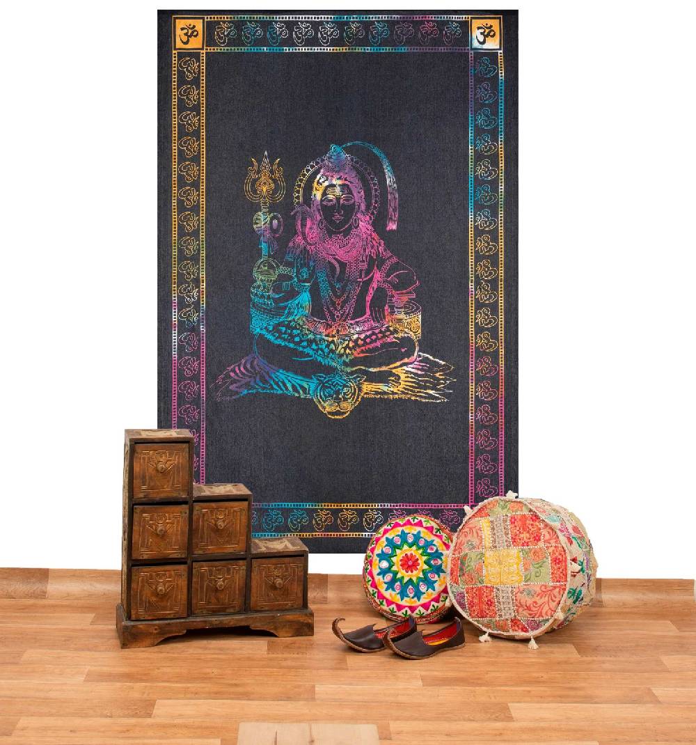 Kunst Und Magie UV Tuch Shiva Tagesdecke Wandbehang Deko Meditation UV Schwarzlicht ca. 200 x 135 cm