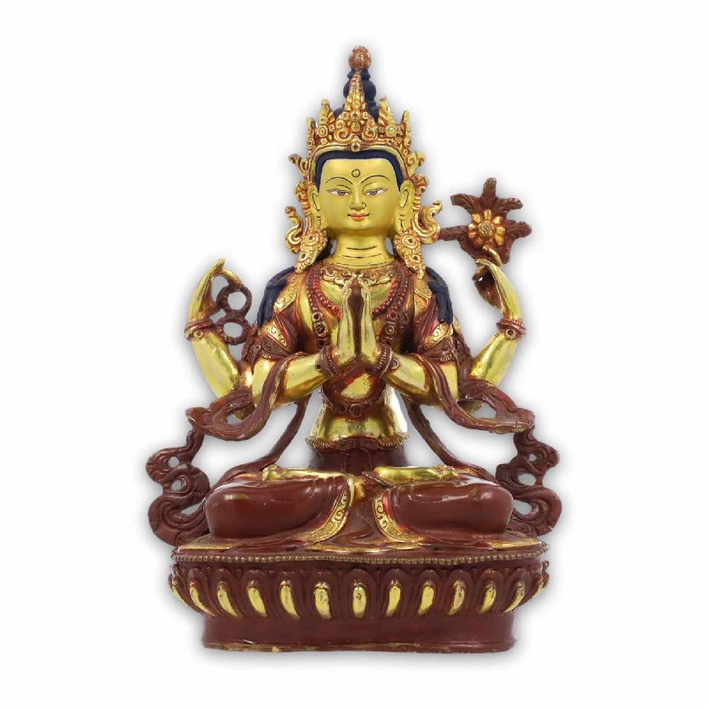 Kunst Und Magie Vierarmiger Avalokiteshvara Chenresig Statue Skulptur Sitzend Teilvergoldet Ca 23cm