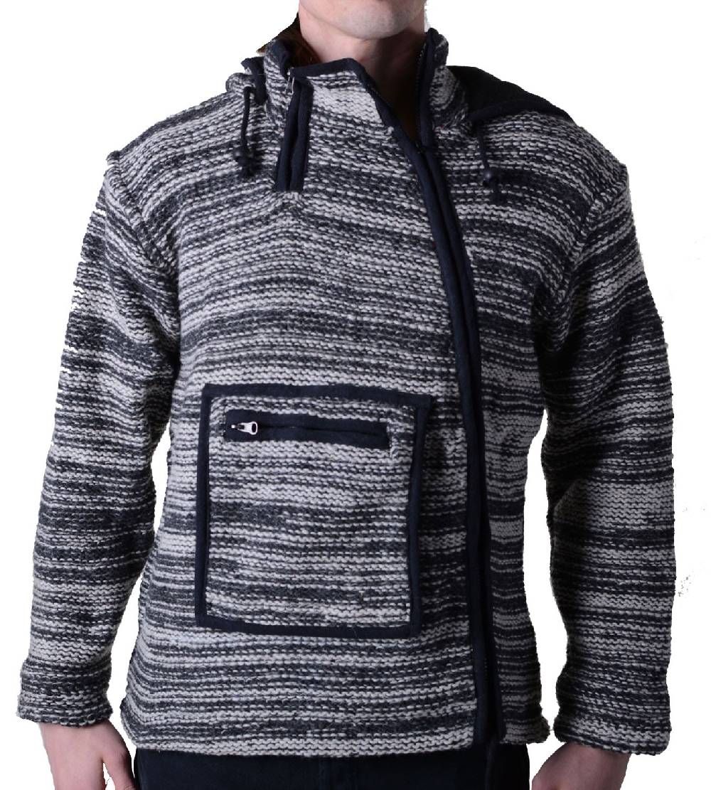 Kunst Und Magie Wolljacke Hippie Goa Strick mit Fleecefutter und Kapuze gestreift