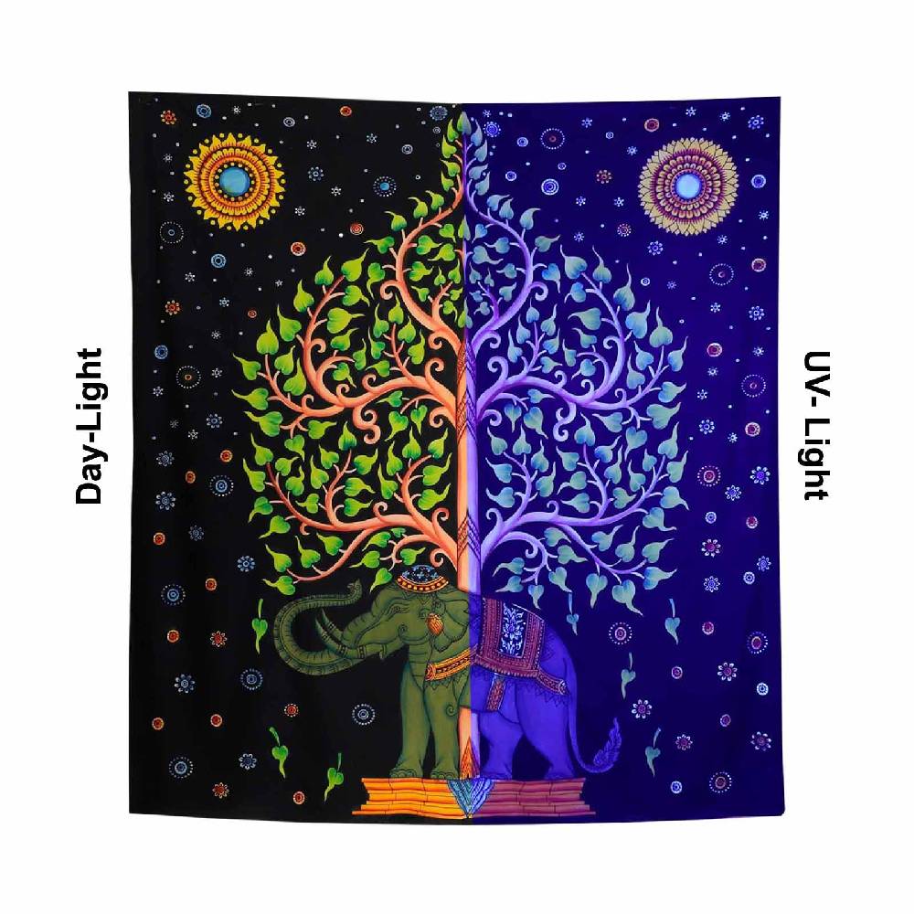 Kunst Und Magie XL Tagesdecke Wandbehang Deko Tuch Elefant Lebensbaum UV Aktiv Ca. 205 X 235 Cm