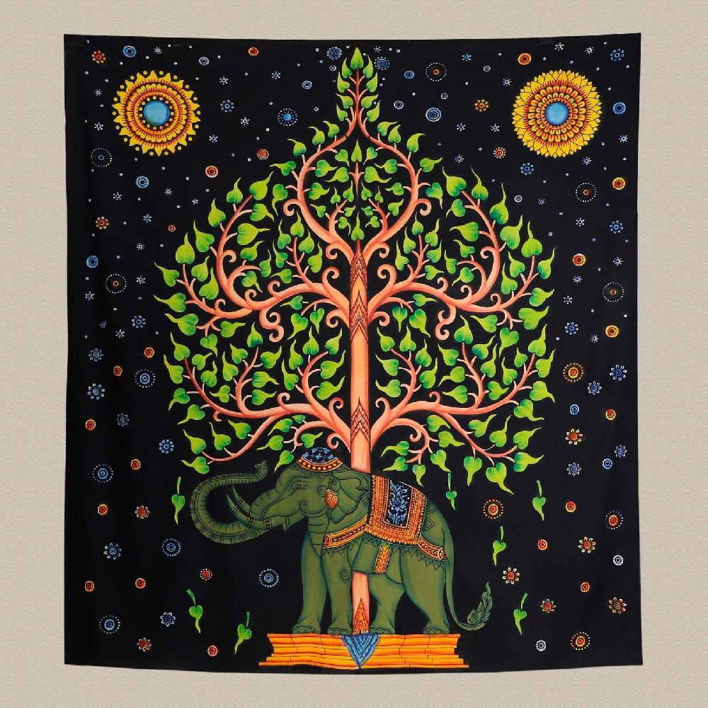 Kunst Und Magie XL Tagesdecke Wandbehang Deko Tuch Elefant Lebensbaum UV Aktiv Ca. 205 X 235 Cm