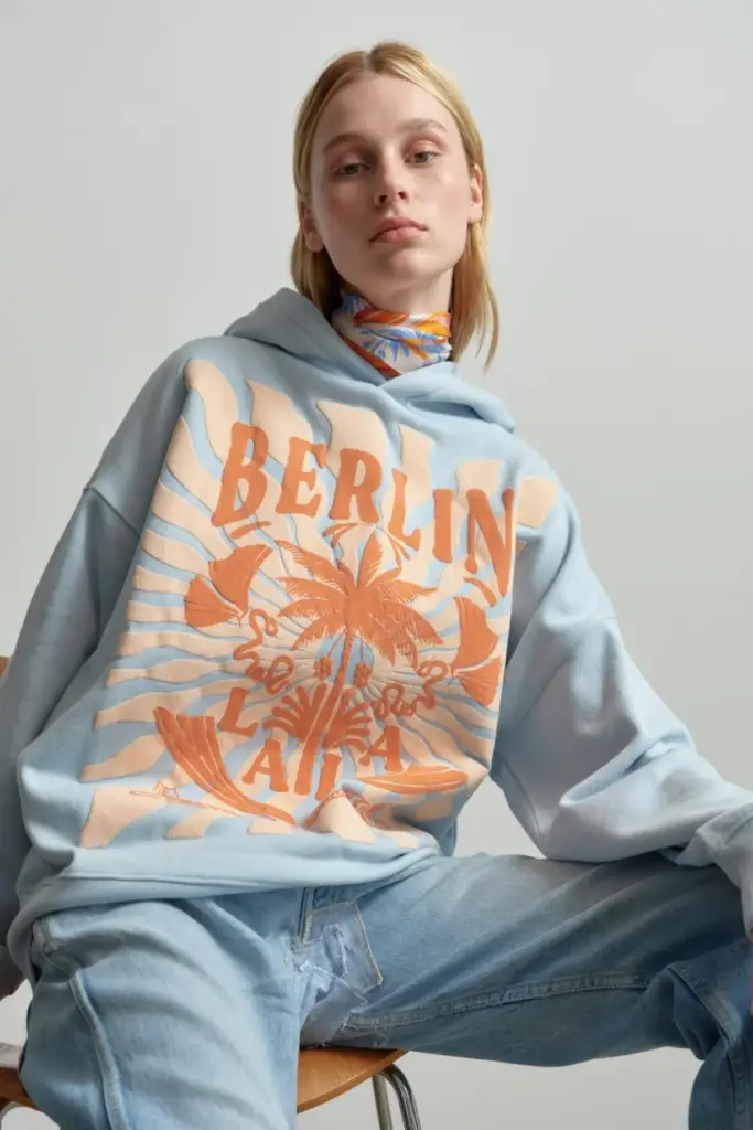 Lala Berlin Hoodie Irina Cotton Sunset Palm Light Blue