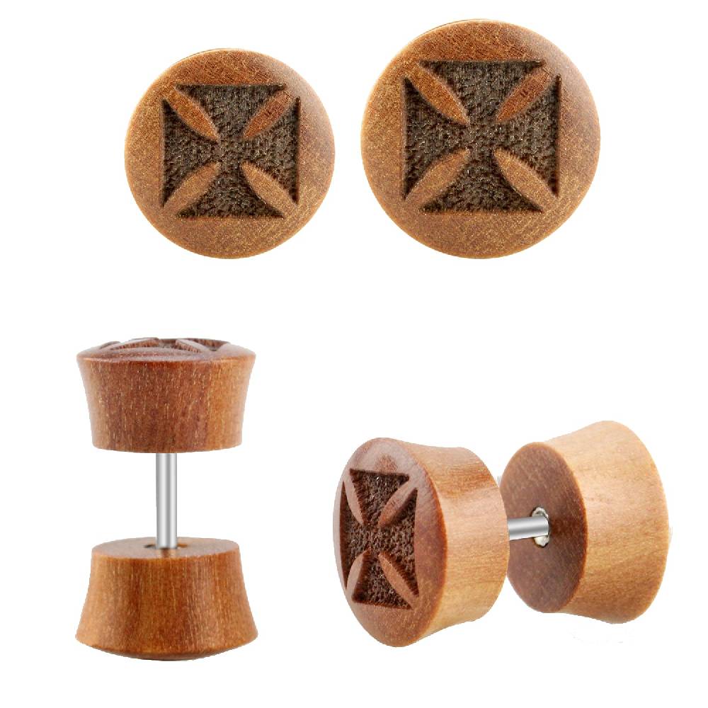 Lau Fashion 2 Stück Eisernes Kreuz Holz Fake Plug Ohrstecker Laser Braun Ohrring Tunnel Ø 10mm
