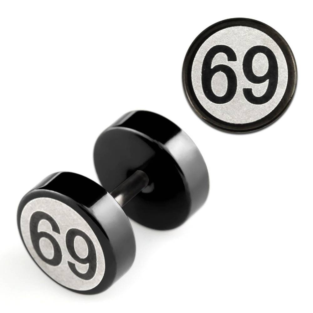 Lau Fashion 2 Stück Neu Fake Plug Schwarz Logo 69 Ohrstecker Black Tunnel Ohrring Cap Ø 8mm