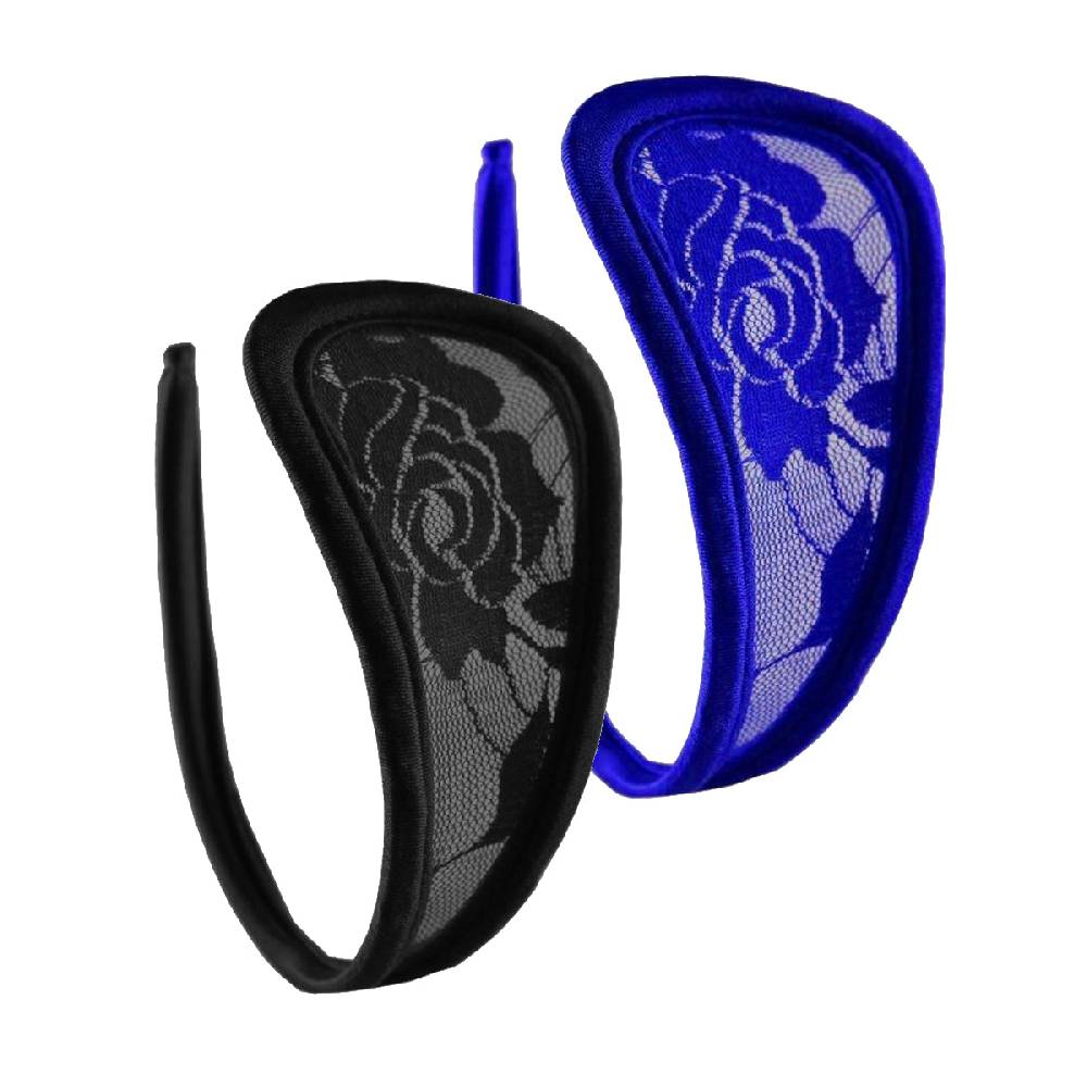 Lau Fashion 2er Set C-String Spitze Damen Slip Mini Bikini Schwarz Blau Unterhose Dessous S/M/L