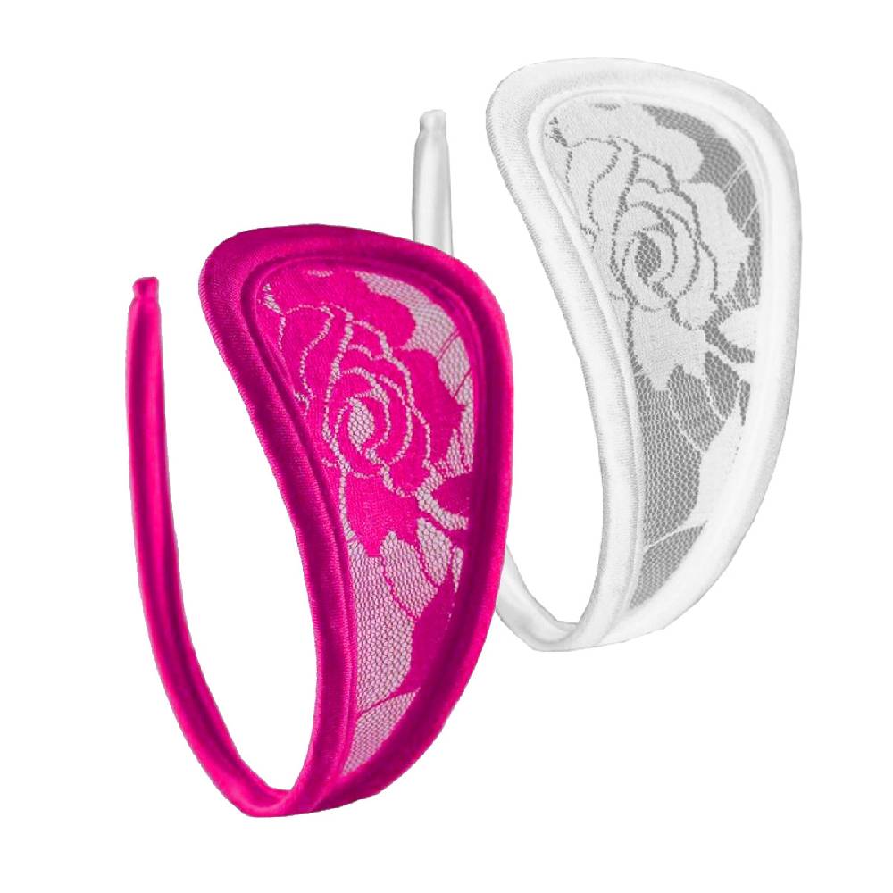 Lau Fashion 2er Set Damen C-String Spitze Slip Mini Bikini Weiß Pink Unterhose Dessous S/M/L