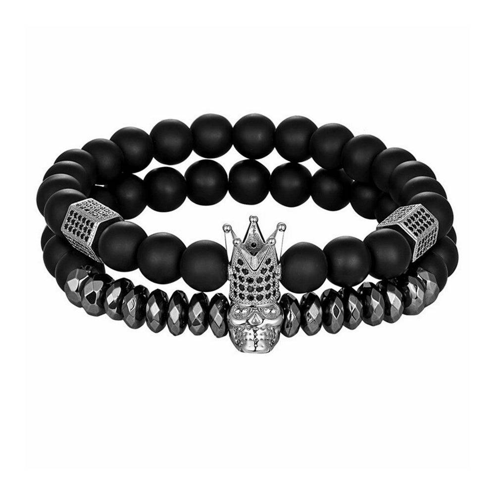 Lau Fashion Armband Totenkopf Schädel Krone Matt Schwarz Unisex Kugeln 8cm