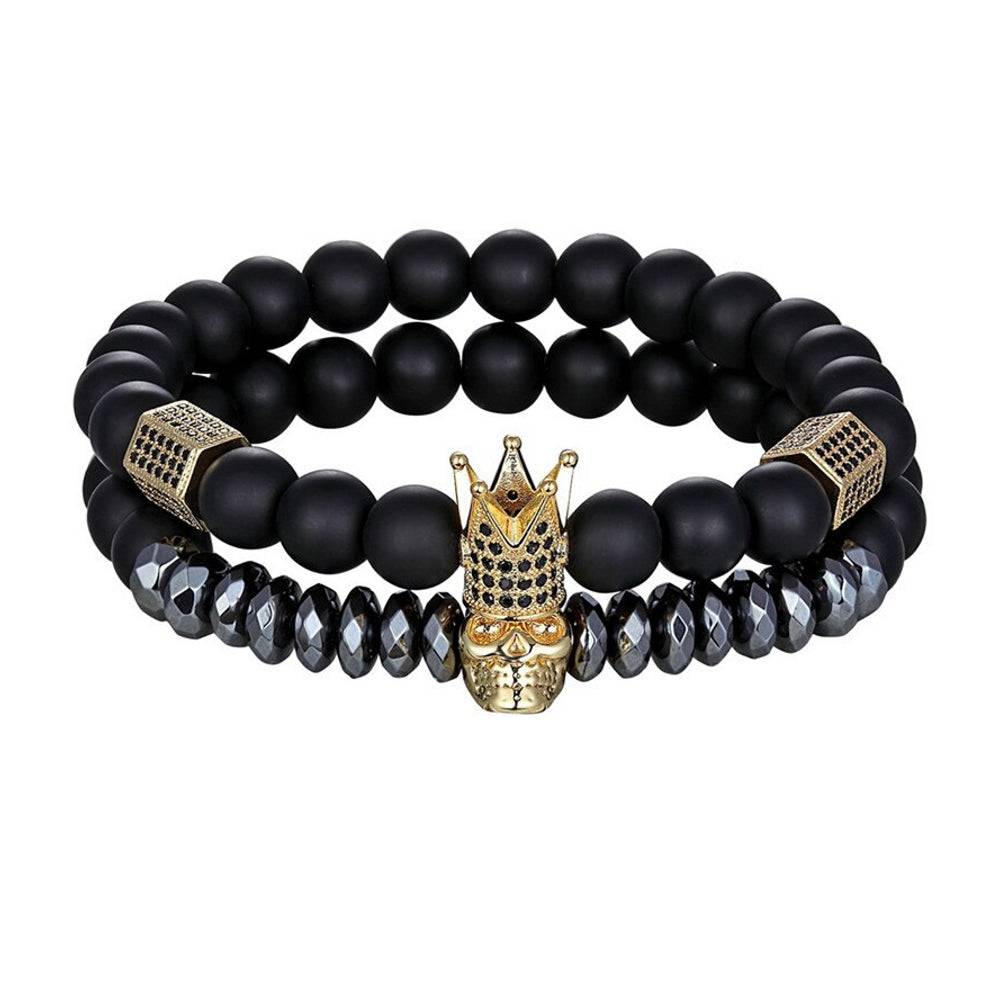 Lau Fashion Armband Totenkopf Schädel Krone Matt Schwarz Unisex Kugeln 8cm