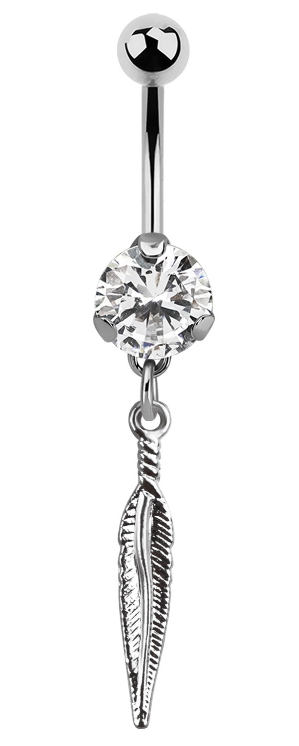 Lau Fashion Bauchnabel Piercing Zirkonia Feder Silber Kristalle Stab 1,6x10mm Stein Ø 8mm